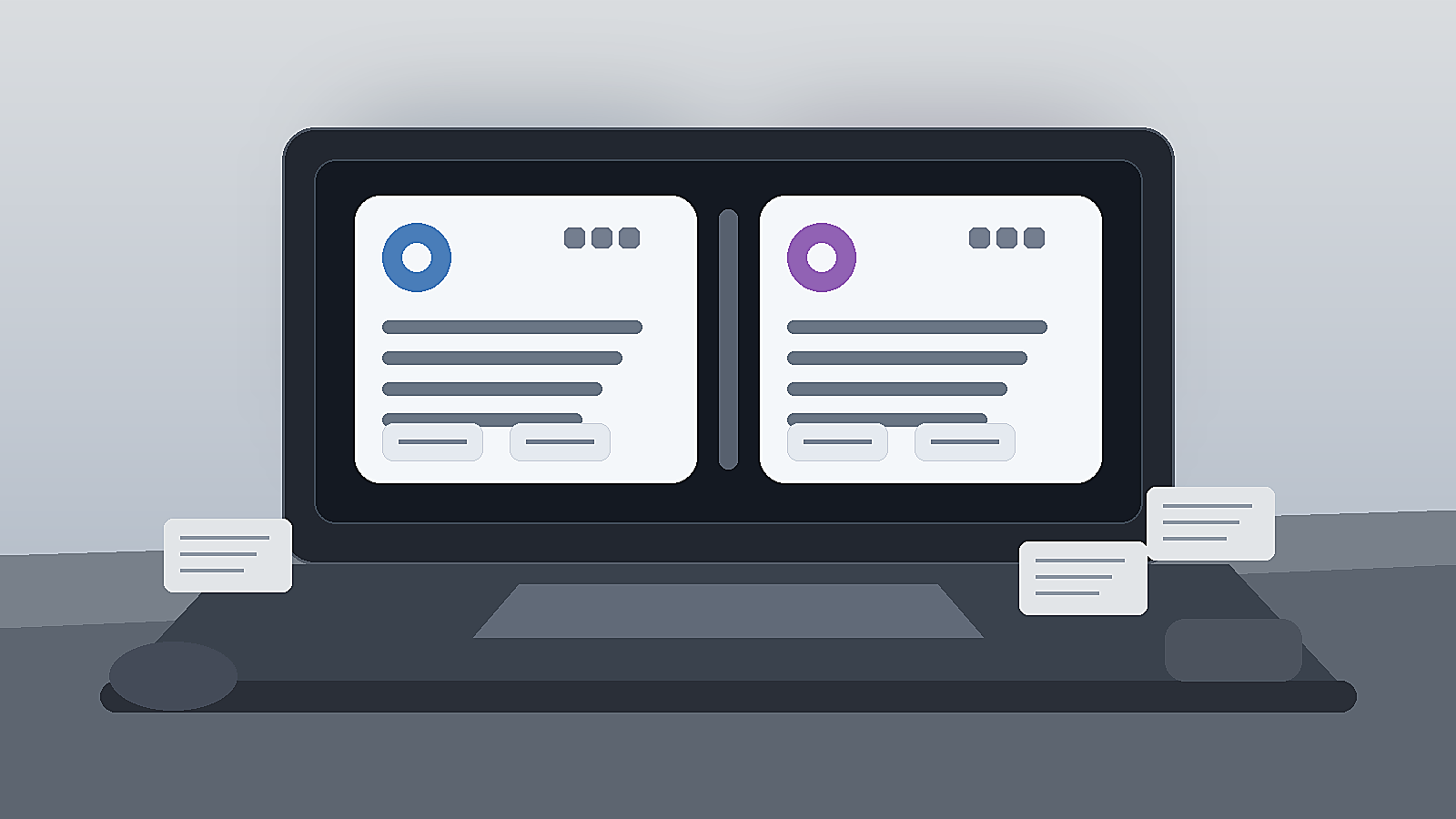 A neutral desk scene with two abstract AI assistant workspaces compared side by side on a laptop screen.