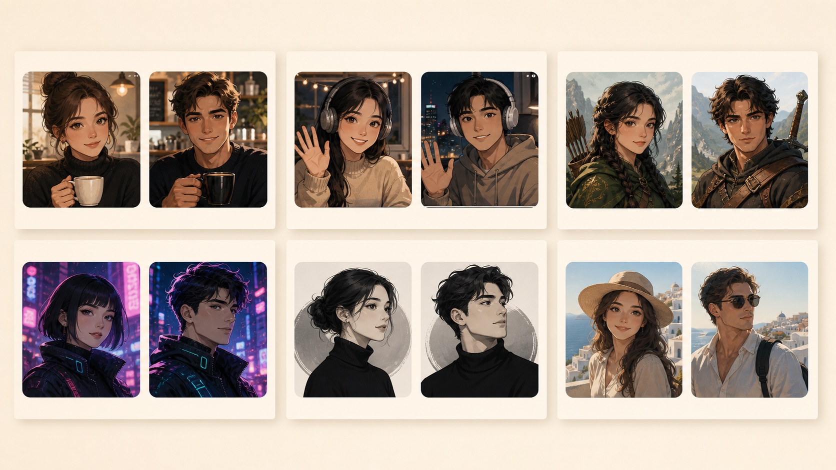 AI-generated sample board showing safe fictional adult couple avatar styles for matching profile pictures.
