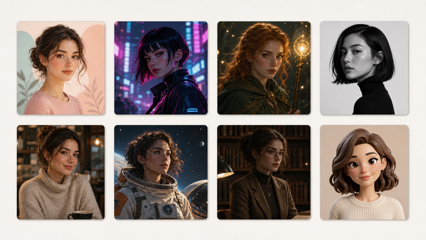 AI-generated sample board showing safe fictional adult female avatar styles for profile pictures.