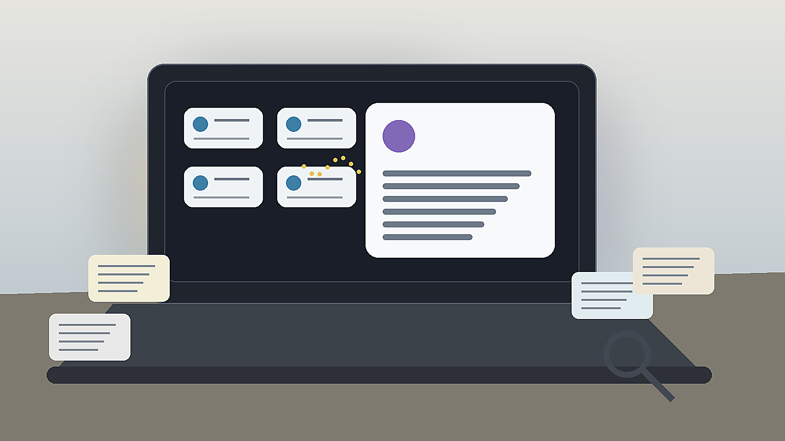 A neutral research workspace showing abstract search notes and assistant drafts on a laptop without brand logos.