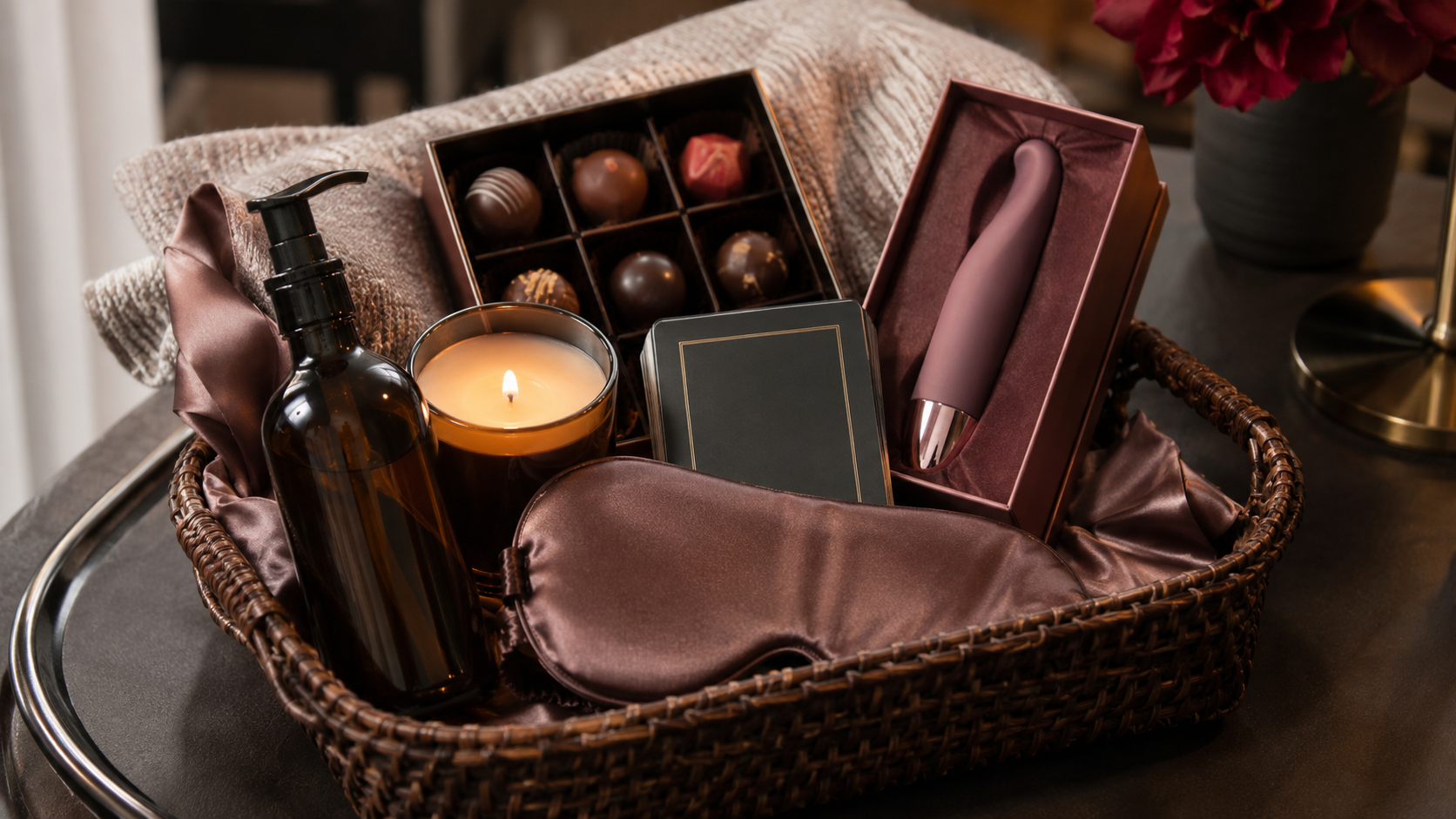 Adult date night gift basket with massage oil, candle, chocolates, a silk eye mask, conversation cards, and a discreet intimate wellness gift.