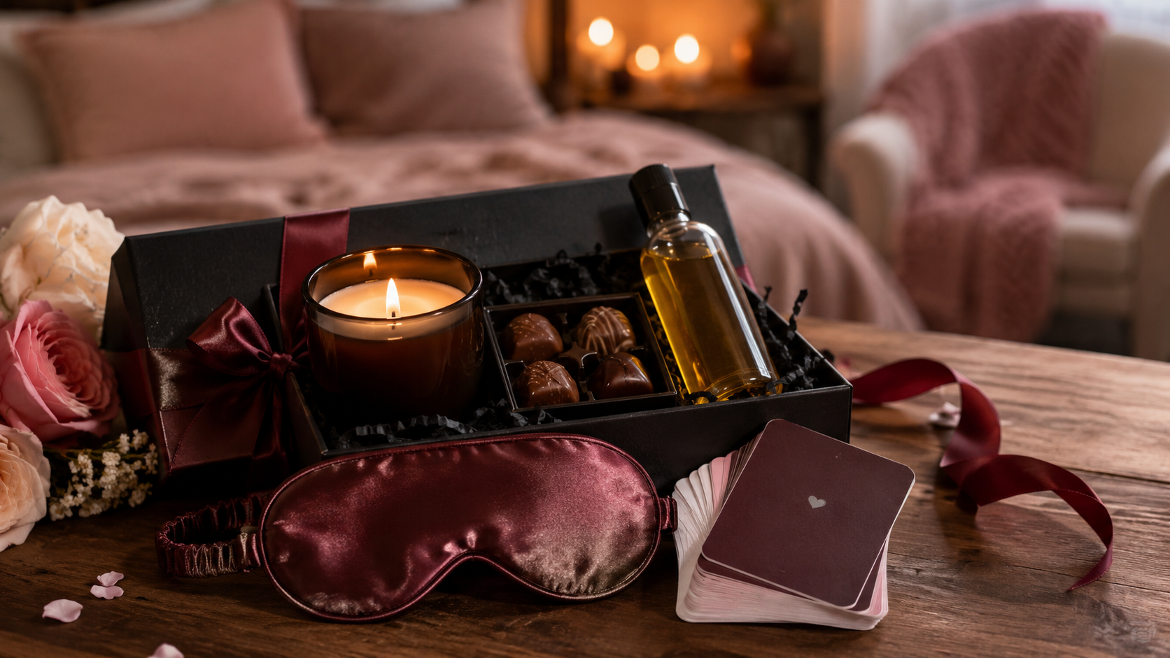 Tasteful adult date night gift set with a gift box, candle, massage oil, silk eye mask, chocolates, and conversation cards.