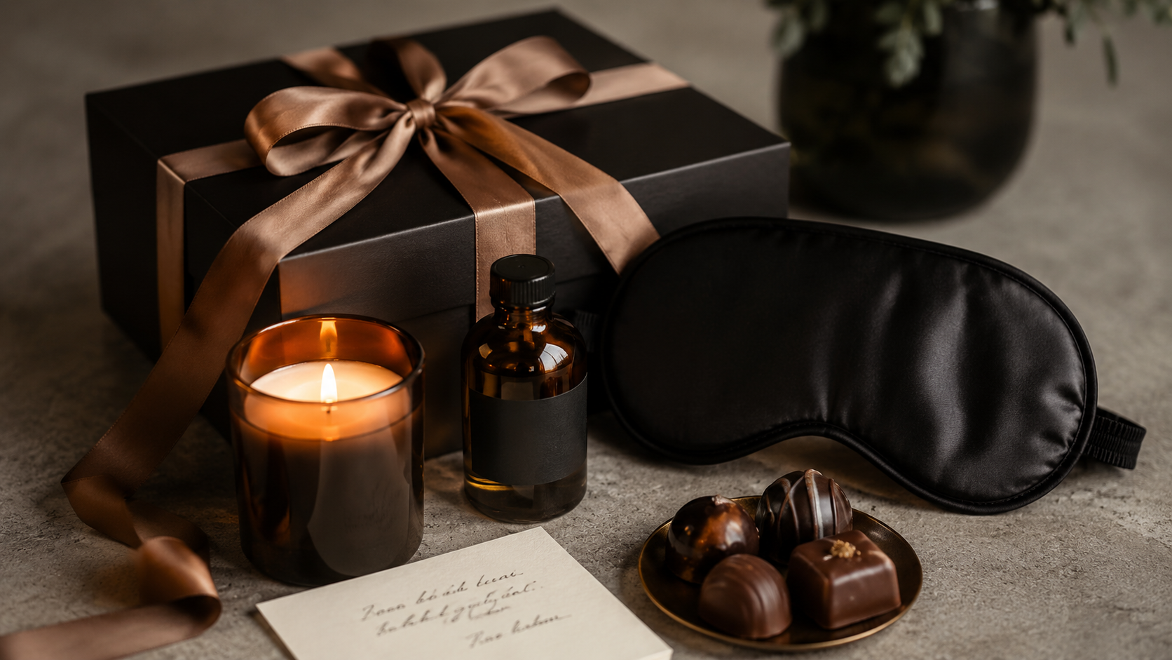 Smaller adult date night present idea with a ribboned gift box, candle, massage oil, satin eye mask, chocolates, and a handwritten card.