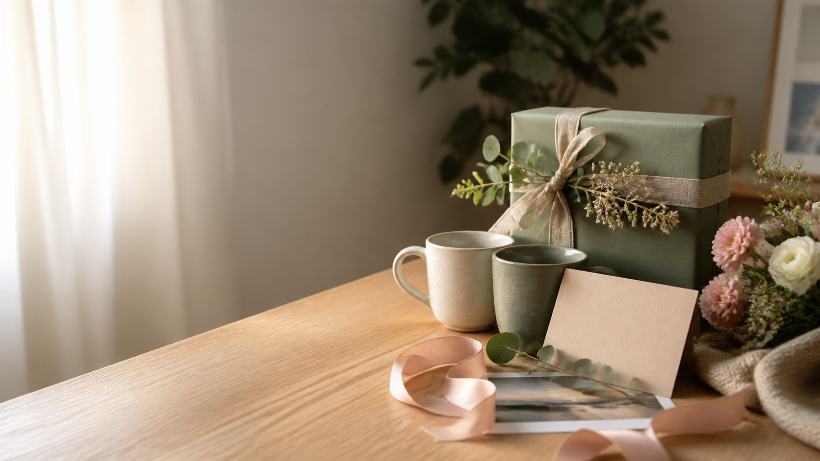 A tasteful anniversary gift arrangement with wrapped present, mugs, flowers, and a blank card.