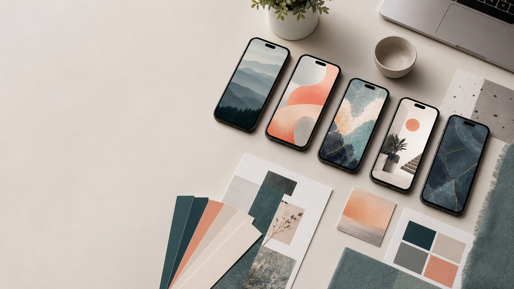 A clean creative desk with phone wallpaper previews, color swatches, and asset planning materials.